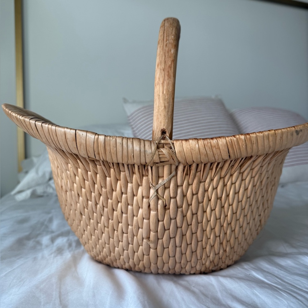 Vintage Chinese Handwoven Willow Basket Bentwood Tote Rustic Japandi Wabi-Sabi